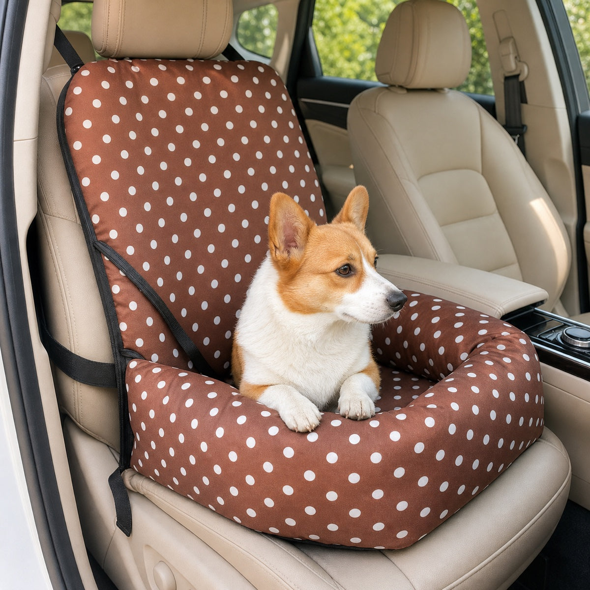 VelloPaw cushioned dog car travel basket in Coffee