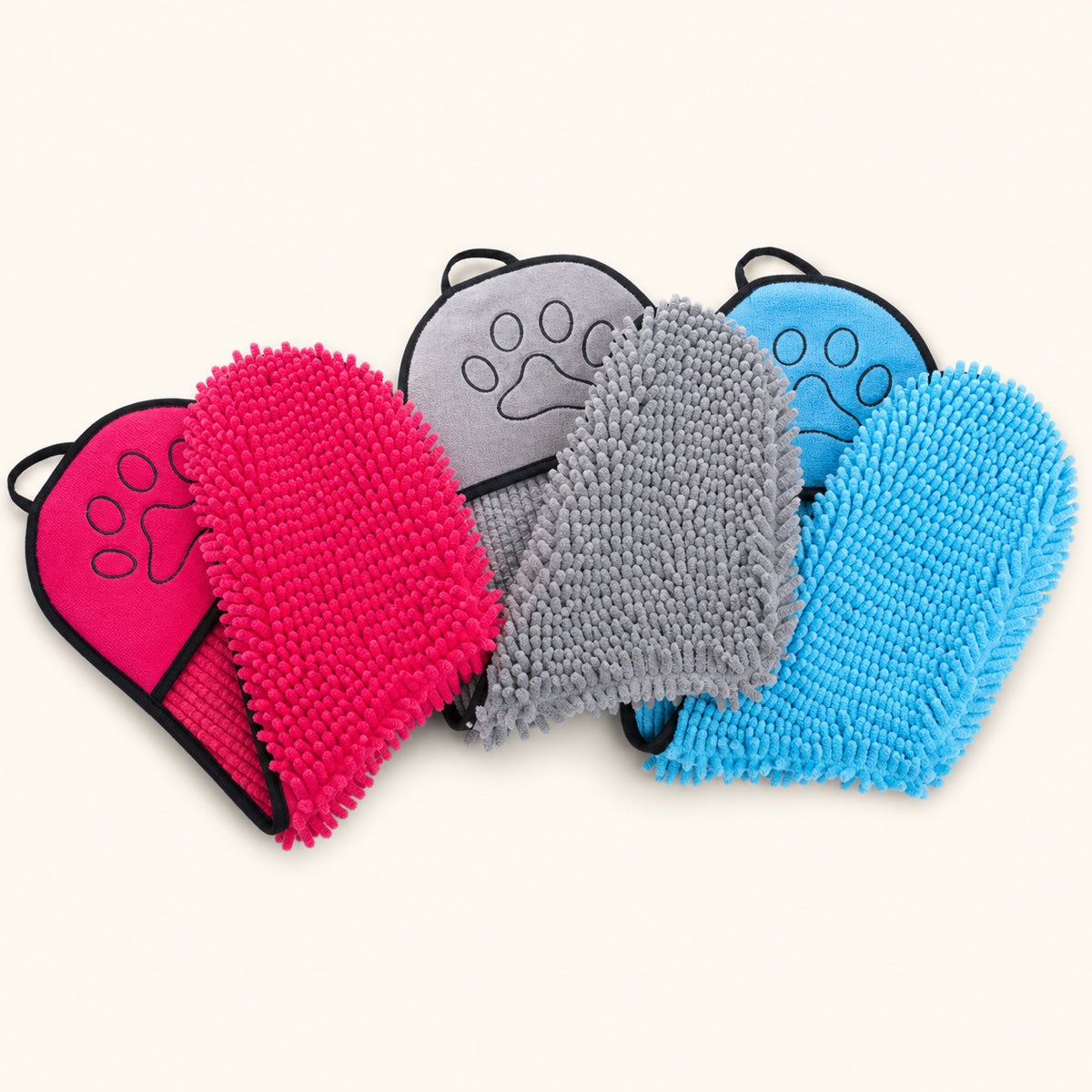 VelloPaw microfiber pet bath towel set in Rose Red, Grey and Blue